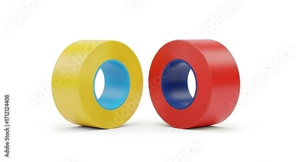 Fototapeta Two rolls of yellow and red insulating adhesive tape isolated on a clean white background.