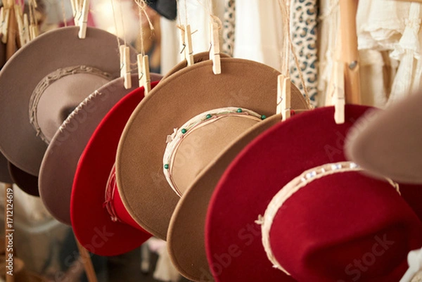 Fototapeta Stylish hats made of felt, fabric and straw are displayed at street market.