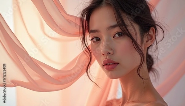 Fototapeta Elegant young woman with flowing fabric creating a soft and ethereal atmosphere in natural light portrait photography