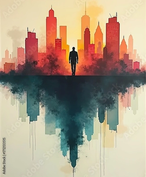 Fototapeta Urban Silhouette at Dusk: A Solo Figure Stands Against a Colorful Skyline, Reflecting a Dreamlike Landscape of Modern Architecture and Imagination
