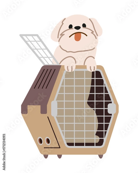 Fototapeta Dog looking out of the pet carrier flat vector illustration isolated on white.