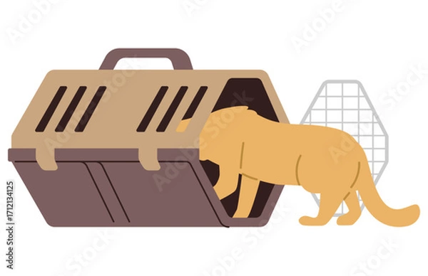 Fototapeta Cat coming into a pet carrier flat vector illustration isolated on white.