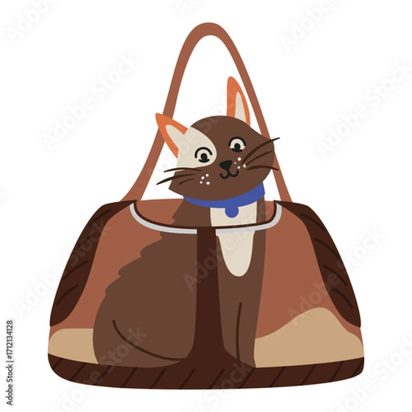 Fototapeta Cat sitting inside the pet carrier bag looking out flat vector illustration isolated on white.