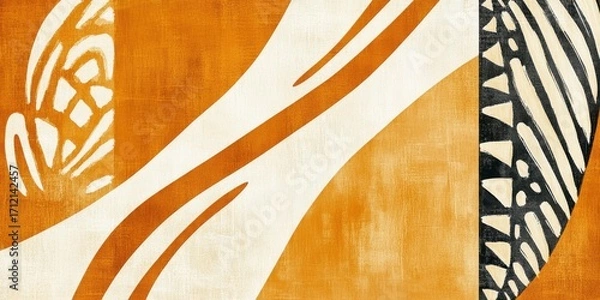 Fototapeta Abstract pattern with orange beige black and white geometric elements and textured background. Contemporary modern art for interior decor.