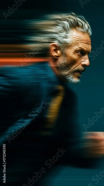 Fototapeta Focused senior man with gray hair running fast in motion blur, symbolizing urgency, determination, and the pressure of modern business life.