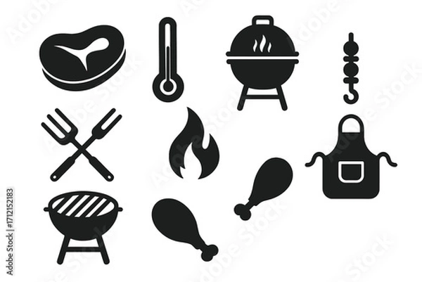 Fototapeta BBQ cooking silhouette icon set. Food, meat and grill tools vector collection. Steak, temperature, flame, chicken, skewer, apron and bbq forks. Barbecue party elements.
