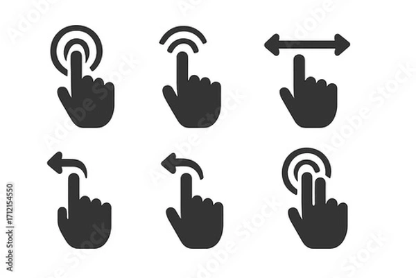 Fototapeta Touch gesture icon set, solid black user interface interaction symbols, vector cartoon illustration with transparent background, swipe tap press drag icons collection