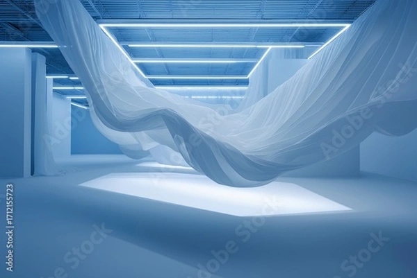 Obraz Ethereal White Fabric Flowing in a Minimalist Blue Studio Environment