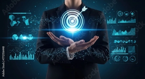 Fototapeta Professional Hands Holding Digital Target and Analytics Graphics