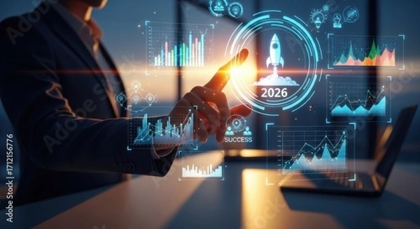 Fototapeta Businessman Touching Digital Interface with Future Technology Projection