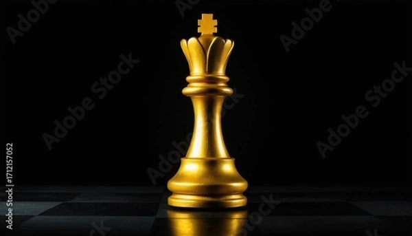 Fototapeta Golden Chess King Piece on Black Background with Checkerboard Pattern