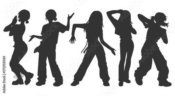 Fototapeta Set silhouette illustrations of kpop idols singing and dancing on stage. Flat vector kpop music star. Modern group dancers with various different styles, poses and choreography. Korean pop cultures.