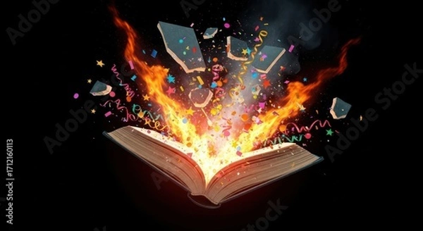 Fototapeta An open book with fire, confetti, and smoke coming out of it on a black background