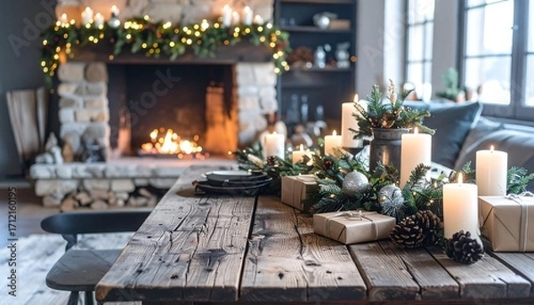 Fototapeta Cozy Christmas Decor With Candles, Fireplace, and Festive Tree. Tabletop mockup. AI Generative Illustration