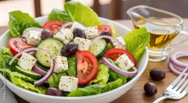Fototapeta Fresh and vibrant greek salad with feta cheese, tomatoes, cucumbers, olives, and red onion on a rustic wooden table