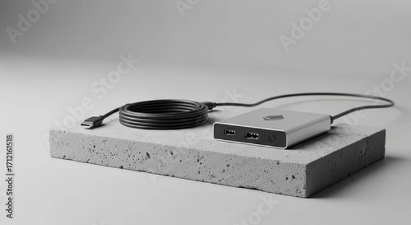 Fototapeta Sleek and modern usb hub with cable on a concrete block against a minimalist gray background for tech enthusiasts