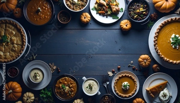 Fototapeta Thanksgiving Dinner Table with Pies, Soups, and Autumn Decorations. AI Generative Illustration