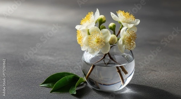 Fototapeta Elegant vase with white flowers and green leaves on a gray surface, creating a serene and minimalist floral arrangement
