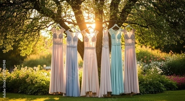 Fototapeta Beautiful bridesmaid dresses hanging from a tree in a sunlit garden, showcasing elegant and flowing gowns for a wedding party