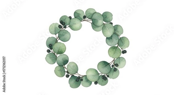 Fototapeta Watercolor wreath of eucalyptus leaves isolated on white background, creating a delicate and natural decorative element
