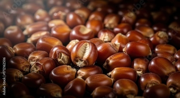 Fototapeta Close up of raw popcorn kernels, a type of corn that expands when heated, used for making a popular snack