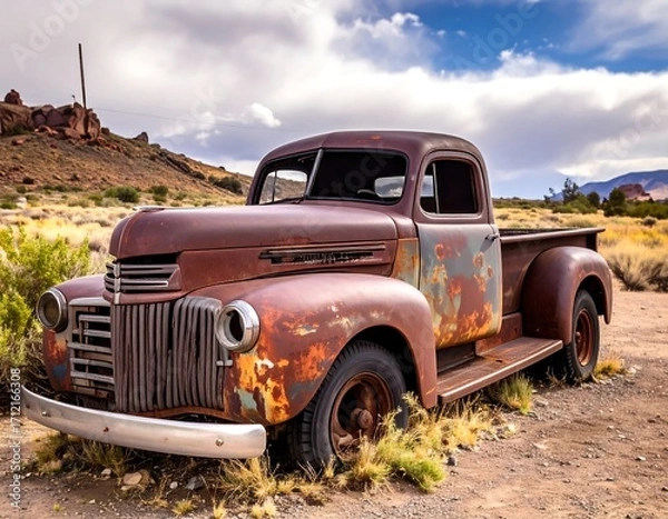 Obraz Rusty old pickup truck in a desert landscape