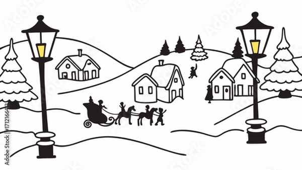 Fototapeta A snowy village at twilight. Smoke rises from chimneys. Lanterns glow warmly. Children play in snow. Cobblestones glisten. Horses pull carts. The scene conveys seasonal charm, warmth, and human life.