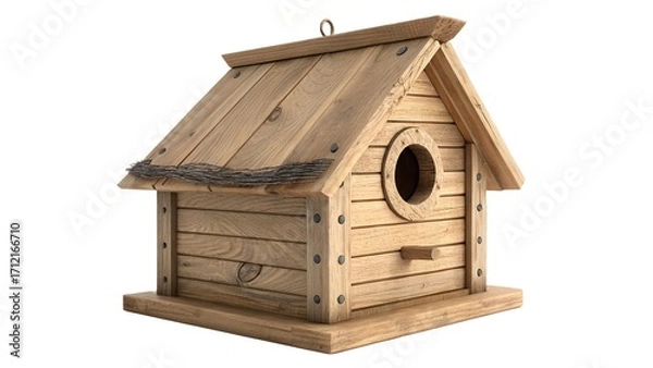 Fototapeta  Bird house. Wooden nest bird box 3d render illustration isolated on transparent background.