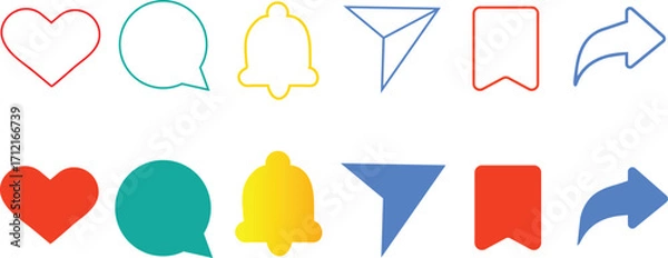 Fototapeta Social Media Icons Set Heart Speech Bubble Bell Paper Airplane Bookmark Share Arrow vector illustration