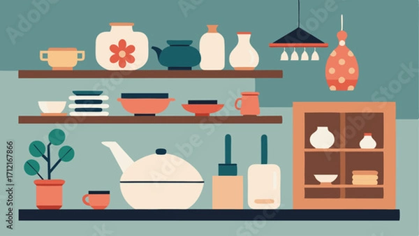 Fototapeta A clean and simple kitchen with open shelves displaying a mix of Japanese and Scandinavian ceramics adding a touch of personality and cultural fusion to the space.