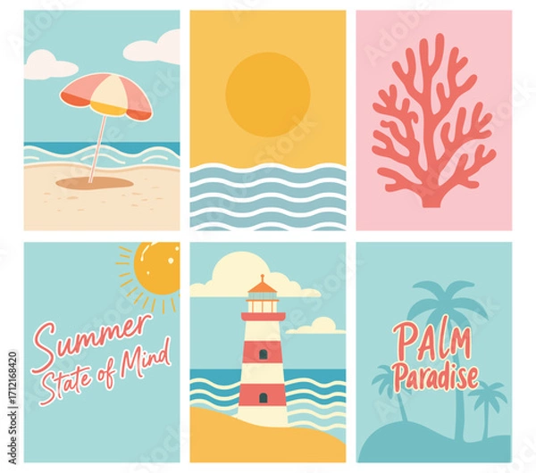 Fototapeta Summer Beach Vector Posters Set – Coastal Holiday Art, Pastel Collection, Retro Sun, Coral, Palm Paradise, Lighthouse Illustration
