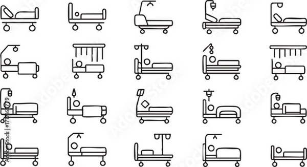 Fototapeta Patient Care Bed Symbols with IV Stand in Minimal Line Style
