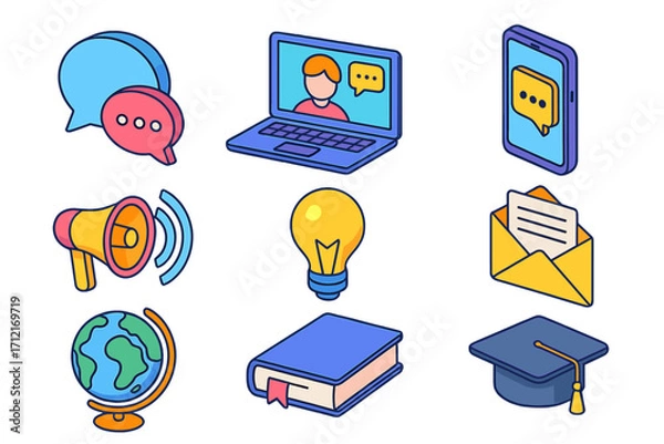 Fototapeta Colorful isometric icon set for online education, communication, and business. E-learning and webinar concepts. Vector icons for graduation, knowledge, global communication, and marketing.