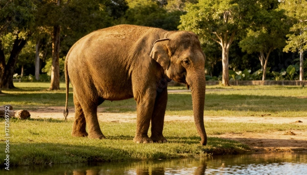 Fototapeta an indian elephant (elephas maximus indicus) is standing by a lake in a park