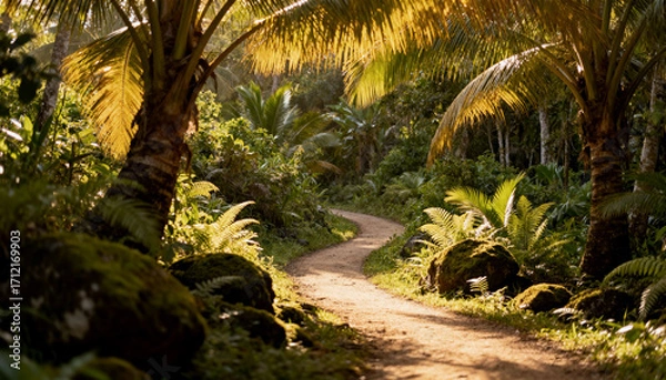 Fototapeta a curvy dirt path is leading through a lush jungle