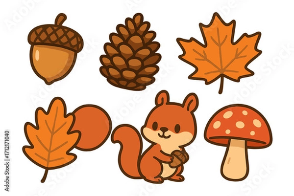 Obraz Seasonal woodland elements with acorn, pinecone, maple and oak leaves, playful squirrel holding acorn, and spotted mushroom vector cartoon illustration, autumn nature design