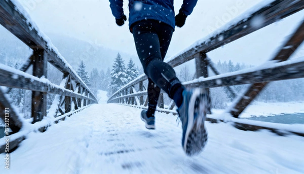 Fototapeta a person is jogging on a snowy bridge in winter