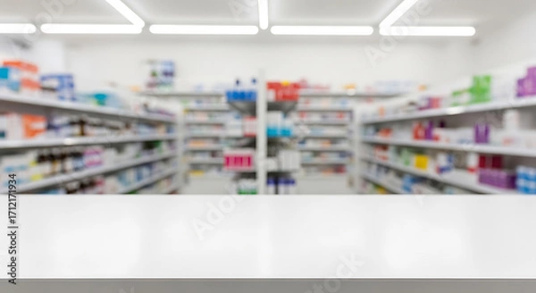 Fototapeta Blurred background of shelves full of medicines in a pharmacy, with a white counter in the foreground.