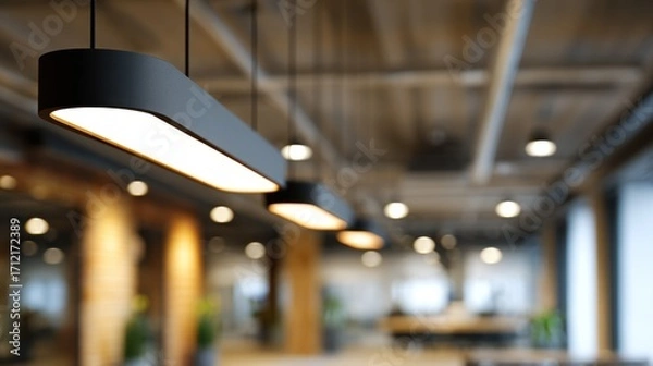 Fototapeta Medium shot of modern LED lighting fixtures in a commercial space sharply focused with a softly blurred interior creating an ecofriendly ambiance