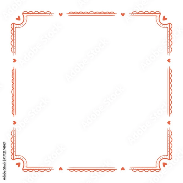 Fototapeta Red Bow Ribbon Border Frame. Decorative square scalloped edge for scrapbook, invitation, gift card, and album design