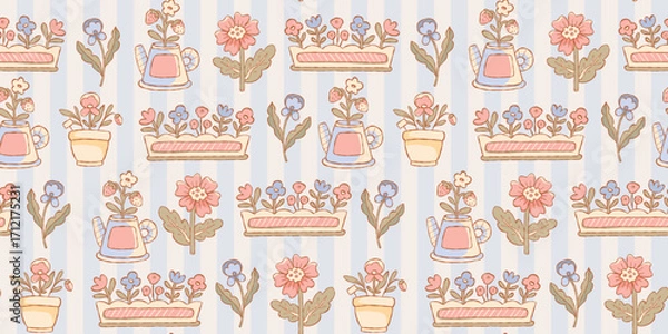 Fototapeta Cute Handdrawn Floral Seamless Pattern. Set of pastel cottagecore pots, flowers and watering can elements