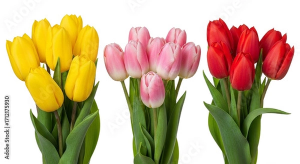 Fototapeta Three bouquets of colorful tulips isolated on transparent background