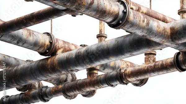 Obraz Old pipes and metal industry construction with a woody texture pattern on the wall