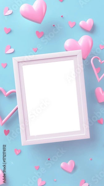 Obraz Digital 3D illustration of shiny pink hearts flying across a pastel blue and pink scene, expressing romance and happiness..
