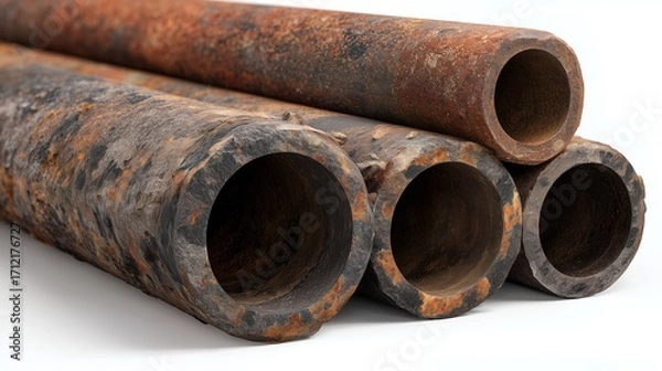Obraz A stacked pile of weathered concrete and metal pipes, some old and rusty, for industrial construction
