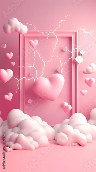 Obraz Romantic 3D illustration featuring pink and white hearts, a floating frame, lightning sparks, and dreamy clouds, symbolizing love and energy.