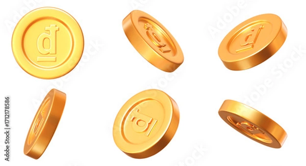 Fototapeta 3D set Vietnam Dong golden coins with different angles. Stock vector illustration on isolated background.
