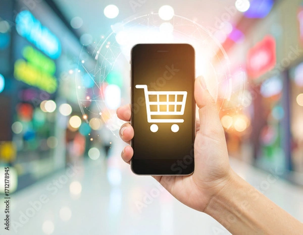 Fototapeta Hand holding smartphone glowing shopping cart icon poster symbolizing online shopping, e-commerce, and futuristic digital commerce.