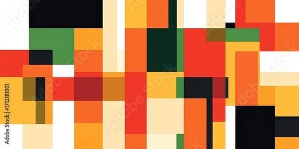 Fototapeta Abstract geometric pattern with colorful blocks and shapes in orange, red, yellow and green tones. Modern art design background. Kente cloth inspired design