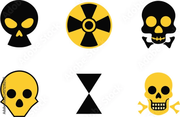 Obraz Radiation sign, biohazard sign and toxic sign set vector . Set of hazard danger yellow and black vector signs symbol. Danger, warning icon set. Silhouette and outline style. Vector illustration.